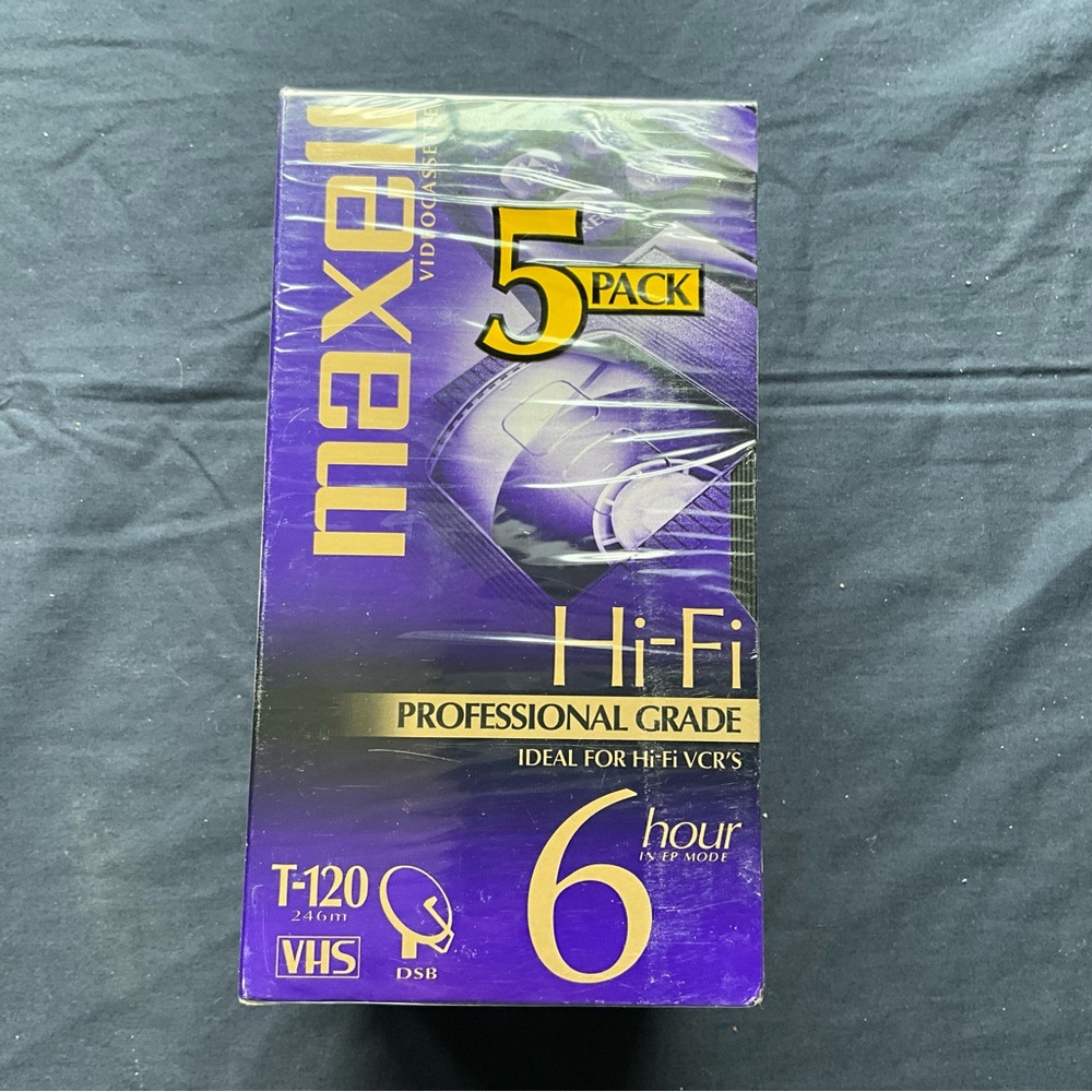 Maxell VHS 5 pack New Hi-Fi Tapes 6 hours per tape